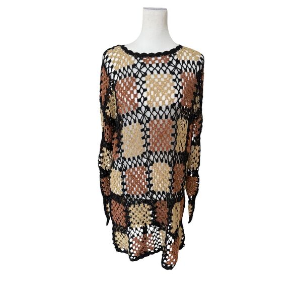 The Icing Brown and Black Y2K Granny Square Boho Open Knit Crochet Mini Dress M - Picture 1 of 12